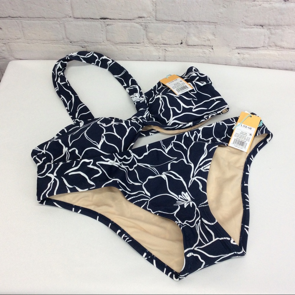 Kona Sol 2 Piece Swimsuit Floral Swirl Navy/White - Picture 2 of 12